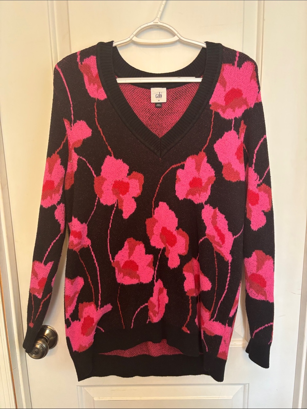 CAbi Black V-Neck Sweater with Pink Floral Pattern